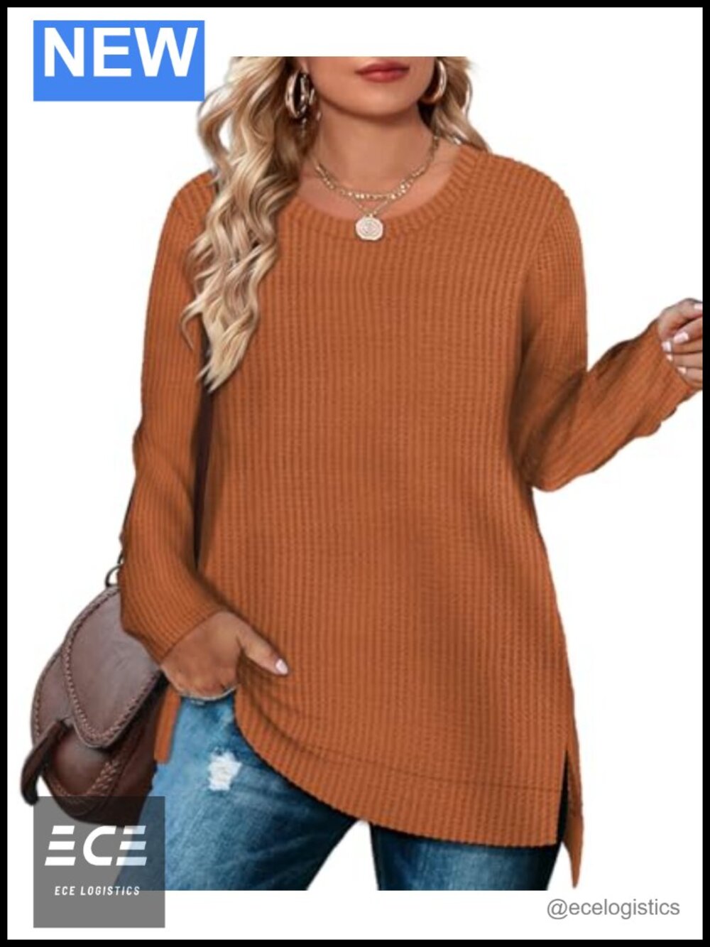 Plus Size Waffle Knit Pullover Tunic Sweater Long Sleeve Split Hem